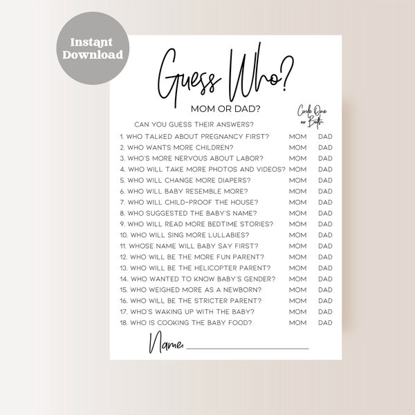 Guess Who Mom or Dad | Mommy or Daddy | Game | Fun Baby Shower Games | Instant Download | Printable  | Minimalist Modern | Baby Shower SD1