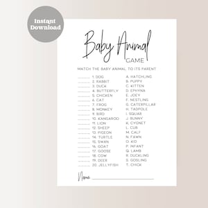 Baby Animal Name Game | Baby Shower Games | Instant Download | Printable  | Minimalist Modern | Baby Shower SD1