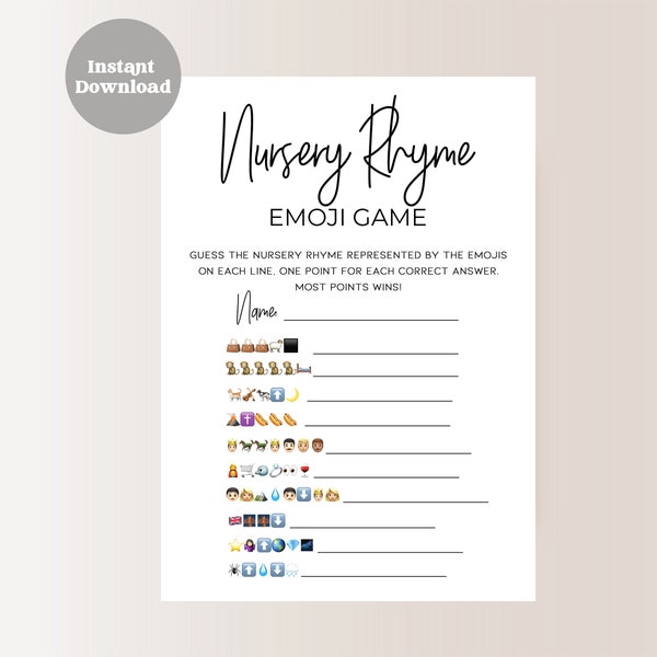 Baby Nursery Rhyme Emoji Game | Baby Shower Games | Instant Download | Printable  | Minimalist Modern | Baby Shower SD1