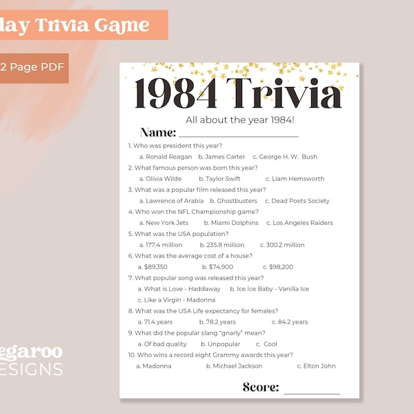 1984 Trivia | 40th Birthday Trivia Game | 40th Birthday Activity | Birthday Party | Digital Printable |  Instant Download CV1