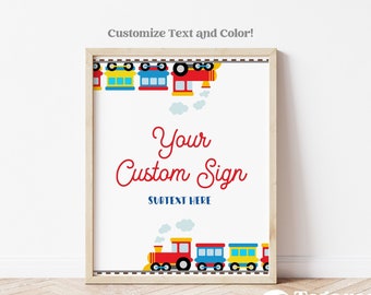 Puede incluir: Un cartel imprimible con temática de tren. El cartel tiene un fondo blanco con un borde rojo y dice "Tu cartel personalizado" con el texto "Subtítulo aquí" debajo. El cartel está decorado con trenes de juguete coloridos.