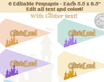 Editable Glitter Disneyland Retro Pennants | Happiest Birthday on Earth | Editable DisneyLand Flags | Name Land Flags