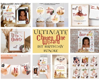 The Chosen One First Birthday Bundle | Any Age | Magical Wizard and Witches Birthday Invitation, Signs, Banner, Cupcake | Editable