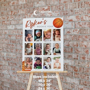 Basketball Rookie of the Year Baby's First Year Photo Collage | 1st Birthday Photo Sign, Poster | Year in Pictures | Editable Template