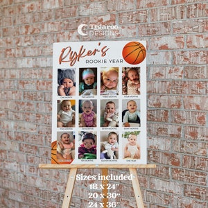 Novato de baloncesto del año Collage de fotos del primer año del bebé / Signo de fotos del 1er cumpleaños, Póster / Año en imágenes / Plantilla editable