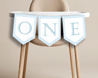 Banner kinderstoel blauw met gingham-ruit| Verjaardag ONE-banner | Boerenbont | Afdrukbare ideeën voor bannerdecoratie voor 1e verjaardag jongen