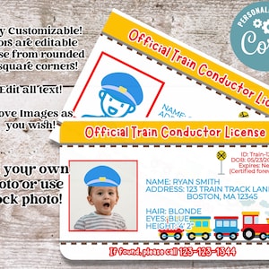 Licencia personalizada de conductor de tren / Licencia de tren / Licencia de niños de locomotora / Tarjeta de identificación infantil / Foto / Plantilla editable