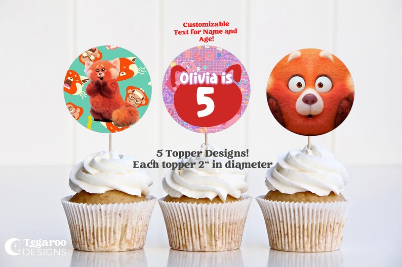 May include: Five cupcake toppers featuring a red panda character from the animated series "Red Panda" with the text "Olivia is 5". Each topper is 2 inches in diameter.