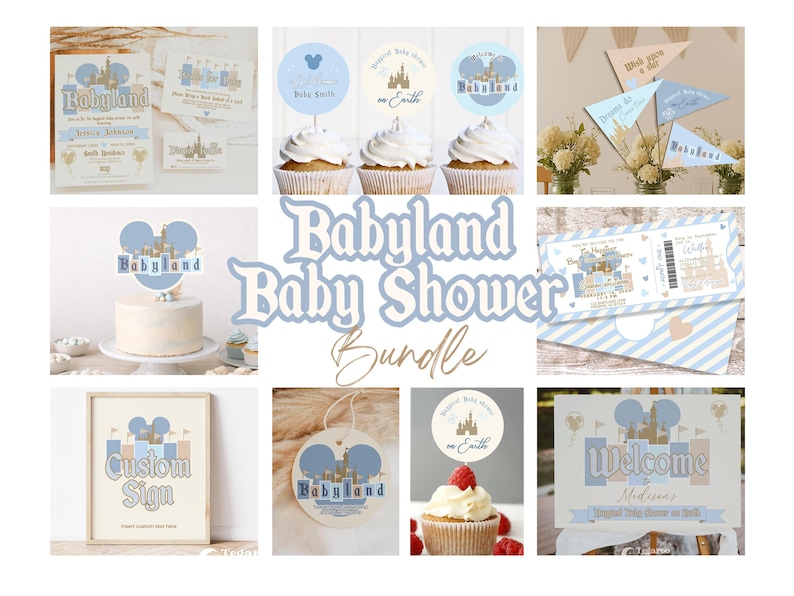 May include: A collection of baby shower decorations and stationery with a Babyland theme. Includes invitations, cupcake toppers, cake toppers, pennant banners, and a custom sign. The color scheme is light blue, beige, and gold.