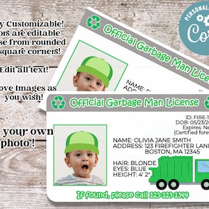 Garbage Man Personalisierte Lizenz | Recycling Lizenz | Müllmann Kinder Lizenz | Kinderausweis | Foto | Bearbeitbare Vorlage