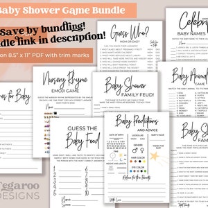 Peut inclure: Un ensemble de neuf cartes de jeu imprimables pour une f&ecirc;te pr&eacute;natale. Les cartes pr&eacute;sentent une vari&eacute;t&eacute; de jeux, notamment &laquo; Devinez qui ? &raquo;, &laquo; Jeu d'emoji de rimes de berceau &raquo;, &laquo; Baby Shower Family Feud &raquo;, &laquo; Pr&eacute;dictions et conseils pour b&eacute;b&eacute; &raquo;, &laquo; Jeu d'animaux pour b&eacute;b&eacute; &raquo;, &laquo; Devinez la nourriture pour b&eacute;b&eacute; &raquo;, &laquo; Noms de b&eacute;b&eacute;s c&eacute;l&egrave;bres &raquo; et &laquo; V&oelig;ux pour b&eacute;b&eacute; &raquo;.