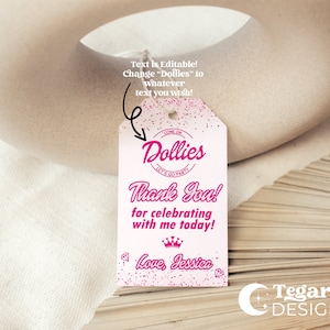Dolly Doll Glitter Favor Tags | Come on Girly Let&#39;s Go Party | Glitter Pink, Hot Pink | Party Favor Labels | Editable Template