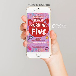 May include: A pink and purple birthday party invitation with a cartoon bear head and the text "FRIENDS UNITE! Olivia is TURNING FIVE" and details for a trampoline park party.