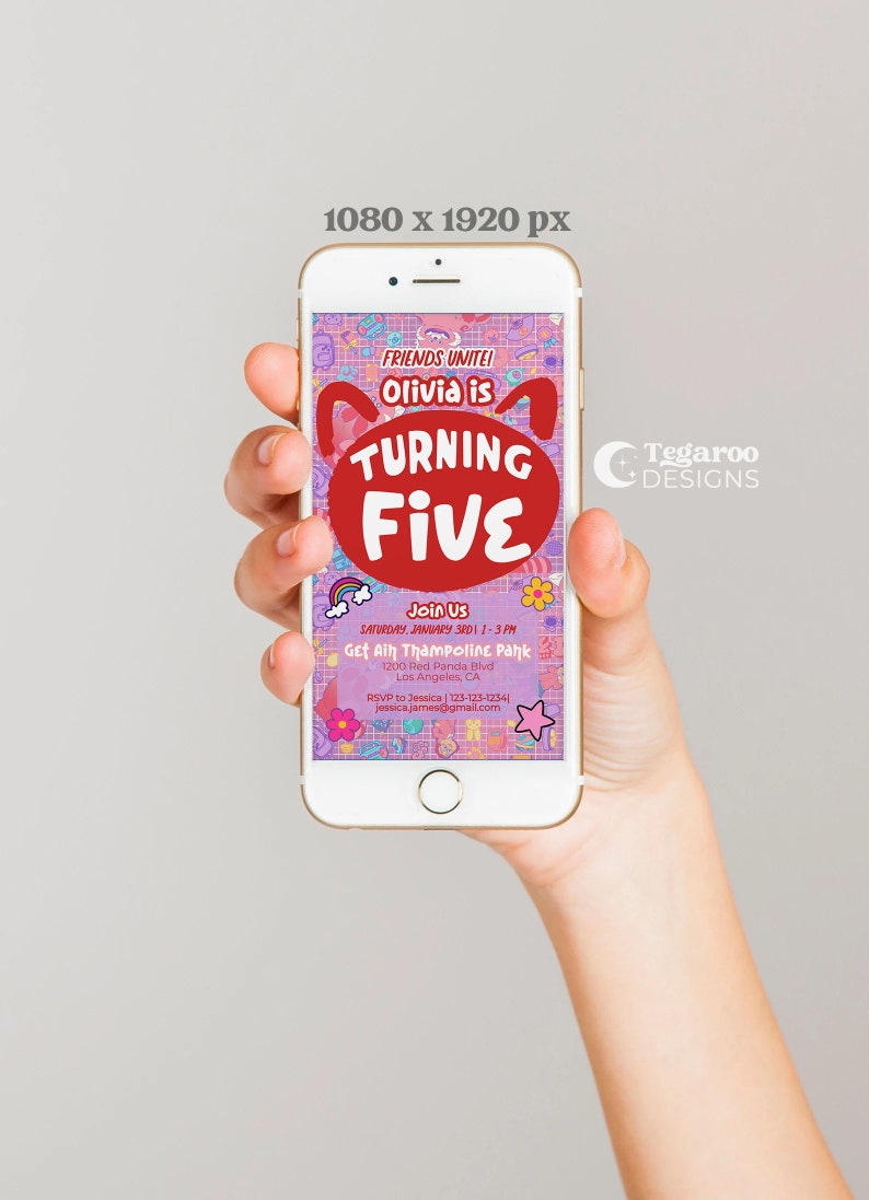 May include: A pink and purple birthday party invitation with a cartoon bear head and the text "FRIENDS UNITE! Olivia is TURNING FIVE" and details for a trampoline park party.
