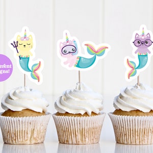 Cat Kitten Unicorn Mermaid Cupcake Topper | Sweet, Adorable Watercolor Unikitty Caticorn Mermaid Girl Birthday Party | Instant Download