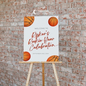 Signo de bienvenida de la fiesta de baloncesto / Año del novato del baloncesto / 1er signo de cumpleaños / Novato del año de baloncesto / Totalmente editable