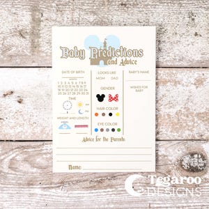 May include: A cream-colored baby prediction and advice card with the text "Baby Predictions and Advice" and a castle illustration. Includes sections for date of birth, time, baby's name, and advice for parents. Features Minnie and Mickey Mouse icons.