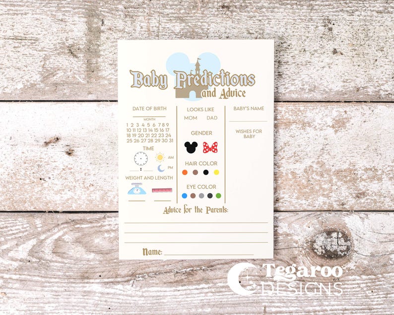 May include: A cream-colored baby prediction and advice card with the text "Baby Predictions and Advice" and a castle illustration. Includes sections for date of birth, time, baby's name, and advice for parents. Features Minnie and Mickey Mouse icons.