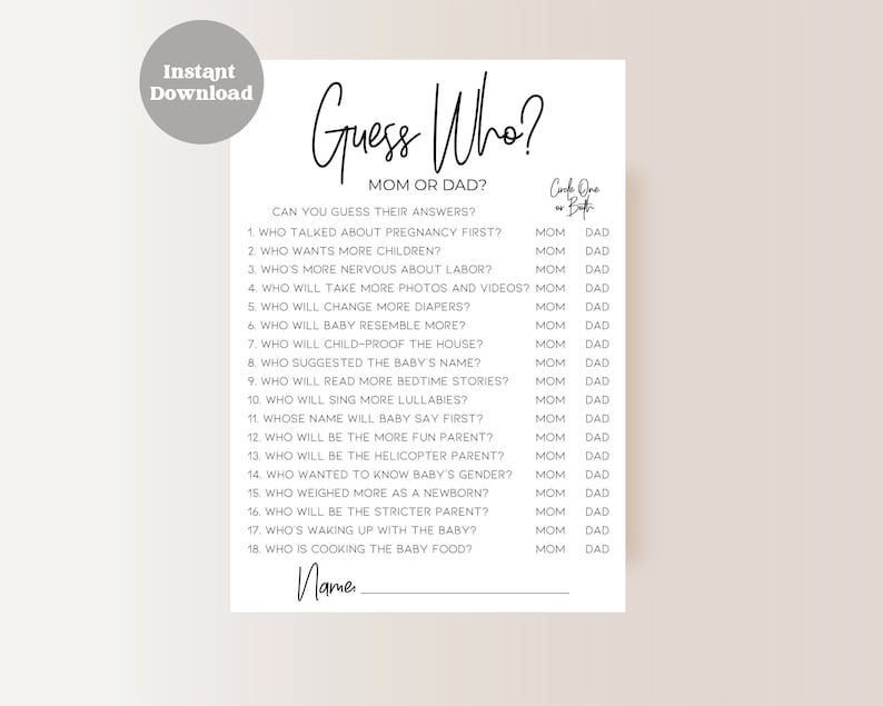 Guess Who Mom or Dad Mommy or Daddy Game Fun Baby Shower - Etsy