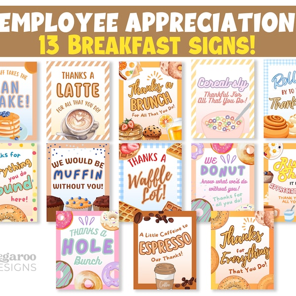 Breakfast Food Drink Sign Bundle | Employee, Teacher Appreciation | Nurse Thank You| Staff Appreciation | Donuts | Waffle | Brunch | Coffee