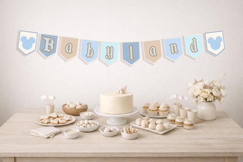 May include: A festive table setting for a baby shower, featuring a banner that reads "Babyland" with Mickey Mouse ears. The table is laden with a cake, cupcakes, cookies, and other treats, all in soft pastel colors.