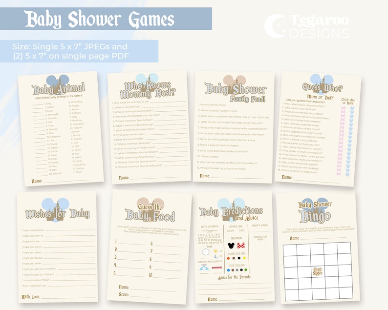 Może przedstawiać: Zestaw drukowanych kart do gier na baby shower w stylu zamkowym. Gry obejmują Baby Animal, Kto zna mamę najlepiej?, Family Feud, Zgadnij kto?, Życzenia dla dziecka, Zgadnij co je dziecko, Przewidywania i porady dla dziecka oraz Bingo na baby shower.