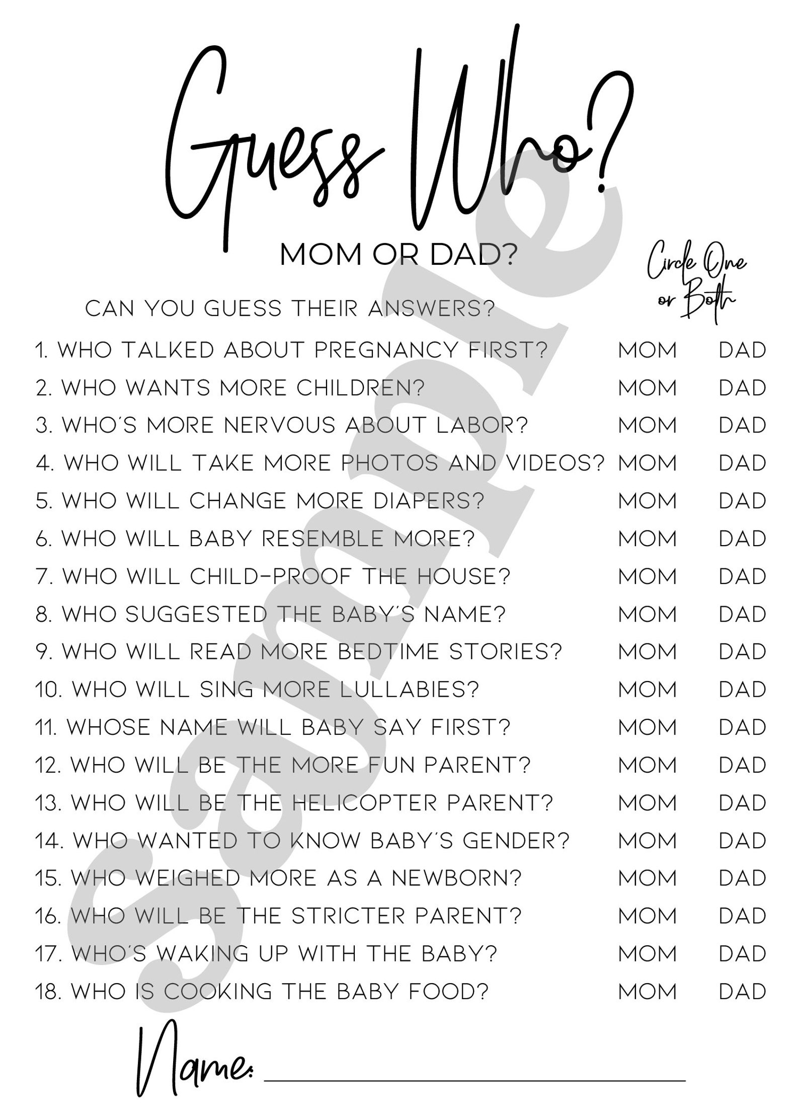 Guess Who Mom or Dad Mommy or Daddy Game Fun Baby Shower Games Instant