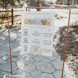 Pode incluir: Um cartaz de primeiro anivers&aacute;rio em rosa pastel e amarelo com uma silhueta dourada do Mickey Mouse. O cartaz inclui o nome da crian&ccedil;a, Olivia, e detalhes sobre seu primeiro ano, incluindo sua altura, peso, alimentos favoritos, brinquedos, livros e m&uacute;sicas.