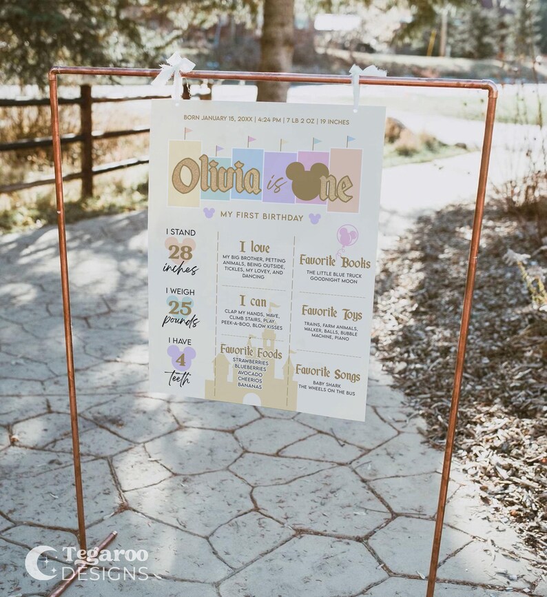 Pode incluir: Um cartaz de primeiro anivers&aacute;rio em rosa pastel e amarelo com uma silhueta dourada do Mickey Mouse. O cartaz inclui o nome da crian&ccedil;a, Olivia, e detalhes sobre seu primeiro ano, incluindo sua altura, peso, alimentos favoritos, brinquedos, livros e m&uacute;sicas.