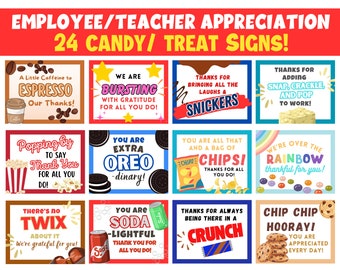 24 Employee Teacher Appreciation Sign Bundle 10 x 8 | Candy Gifts | Treats|  Treat Award | Teacher Gift | Staff Colleague Appreciation Day
