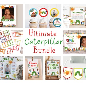 Può includere: Una collezione di decorazioni per feste e cancelleria stampabili con un tema a bruco colorato. Include inviti, biglietti di ringraziamento, decorazioni per cupcake e uno striscione. Il testo "Ultimate Caterpillar Bundle" è visualizzato.