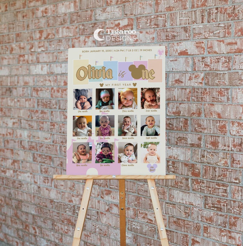 Pode incluir: Um cartaz de primeiro anivers&aacute;rio imprim&iacute;vel bege e rosa com uma colagem de fotos do primeiro ano de uma menina. O cartaz apresenta uma fonte de brilho dourado com o texto "Olivia is one" e "My First Year".