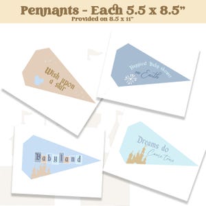Puede incluir: Cuatro banderines con texto y gr&aacute;ficos. Los banderines son en tonos de azul, beige y dorado. El texto incluye "Wish upon a star", "Happiest Baby shower on Earth", "Babyland" y "Dreams do Come True". Cada bander&iacute;n mide 14 x 22 cm.