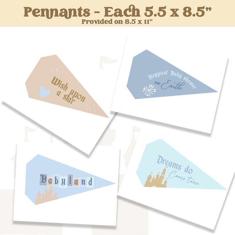 Puede incluir: Cuatro banderines con texto y gr&aacute;ficos. Los banderines son en tonos de azul, beige y dorado. El texto incluye "Wish upon a star", "Happiest Baby shower on Earth", "Babyland" y "Dreams do Come True". Cada bander&iacute;n mide 14 x 22 cm.