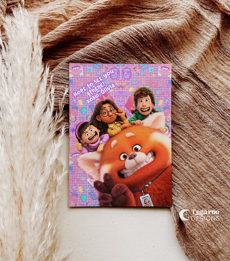 May include: A pink and purple illustrated card with a red panda and three cartoon characters. The card has the text "Hope to see you there! xoxo, Olivia".