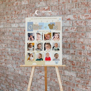 Puede incluir: Un p&oacute;ster beige y azul para el primer cumplea&ntilde;os con un collage de fotos del primer a&ntilde;o de un beb&eacute;. El p&oacute;ster incluye el texto "Oliver is one" y "My First Year".