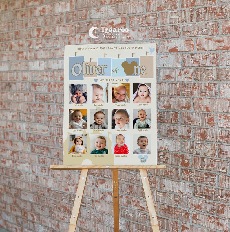 Puede incluir: Un p&oacute;ster beige y azul para el primer cumplea&ntilde;os con un collage de fotos del primer a&ntilde;o de un beb&eacute;. El p&oacute;ster incluye el texto "Oliver is one" y "My First Year".