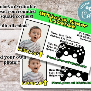 Licença de jogador personalizada | Licença de aumento de nível | Licença para crianças de videogames | Cartão de Identificação da Criança | Foto | Modelo editável