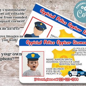 Licenza personalizzata per agente di polizia/Licenza per auto della polizia/Licenza di gioco per bambini/Carta di identificazione del bambino/Foto/Modello modificabile