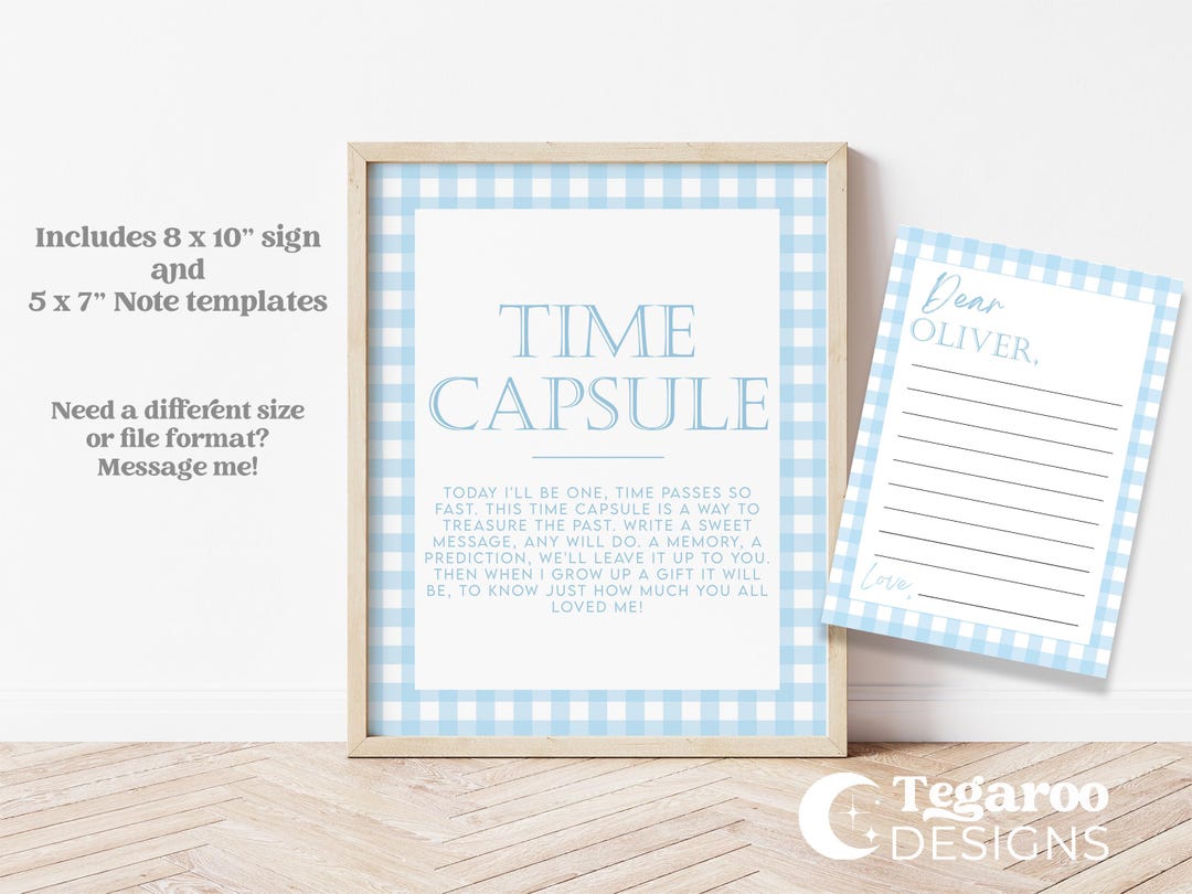 Blue Gingham Time Capsule Sign and Note Set | First Birthday Decor ...