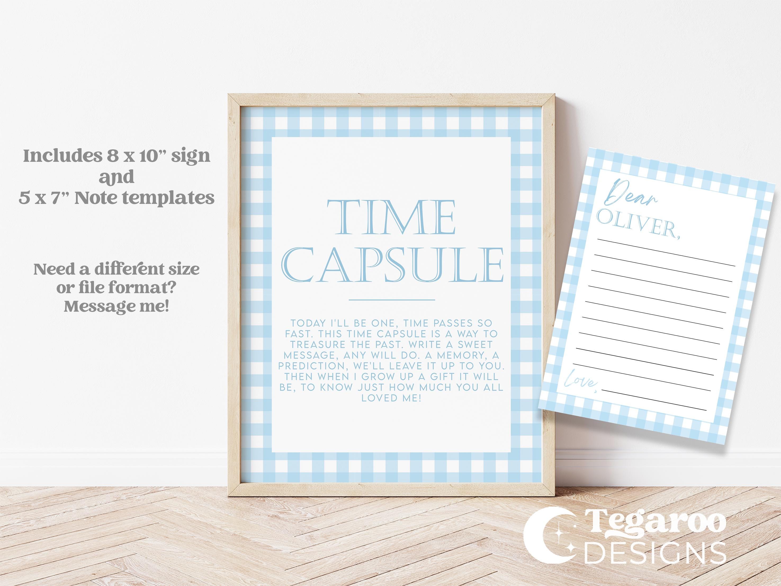Blue Gingham Time Capsule Sign and Note Set | First Birthday Decor ...