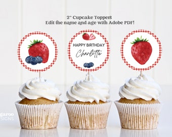 Berry Strawberry Blueberry Birthday Cupcake Toppers | Berry First Birthday Cupcake Toppers | Birthday Party Decorations | Editable PDF