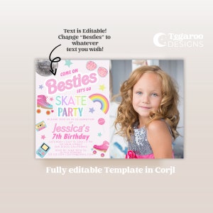 Dolly Doll Retro Roller Skate Party Digital Birthday Invitation | 80s Come on Girly Let&#39;s Go Party | Pink | Evite Text Email | Photo Picture
