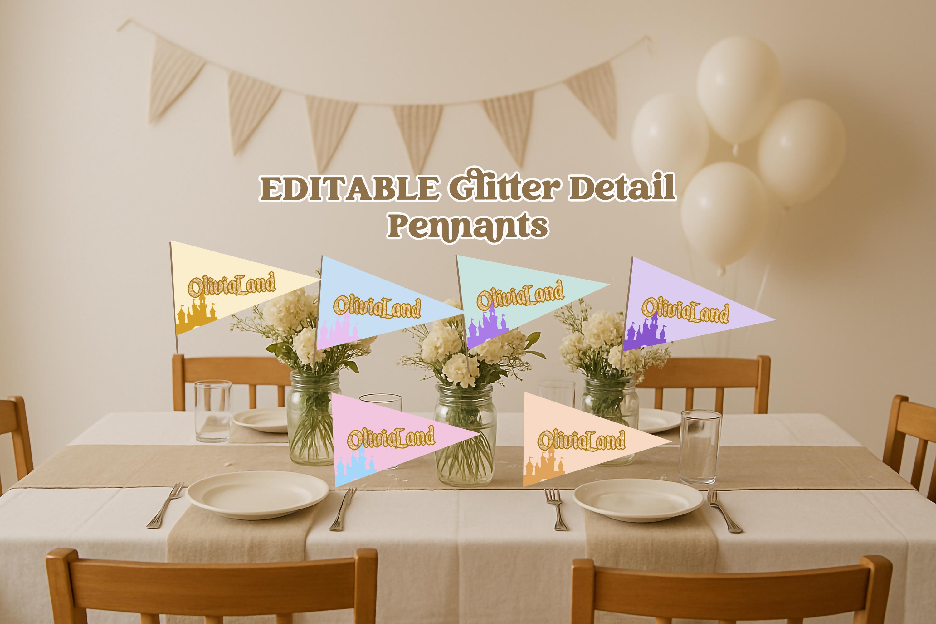 Editable Glitter Disneyland Retro Pennants | Happiest Birthday on