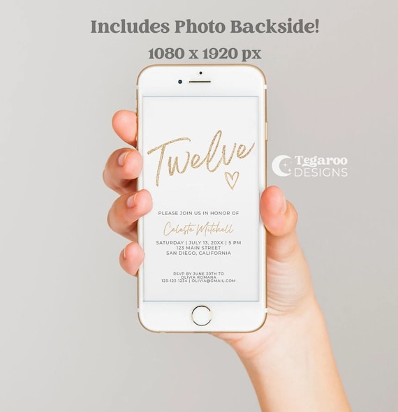 Twelfth Birthday Glitter Digital Invitation | 12 Birthday Party | 12th Birthday Invite Minimalist Modern | Evite Text Email | Template