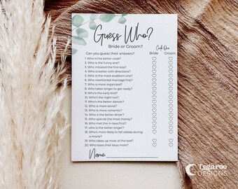 Guess Who Bride or Groom | Fun Bridal Shower Games | Instant Download | Printable | Eucalyptus Minimalist Modern | Wedding SD1-EUC