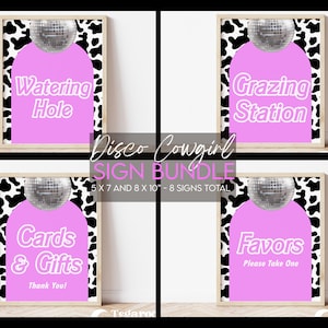 Signes de fête de cow-girl disco rose | Allons-y les filles | Cow-girl de l'espace | Anniversaire Bachelorette | Faveurs | Cartes et cadeaux | Signes de nourriture et de boissons