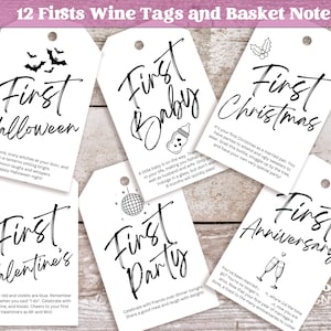 Black and White Marriage Milestone Wine Tags - Set of 12 | Basket Note | Year of Firsts | Unique Wedding Present | Instant Digital Download