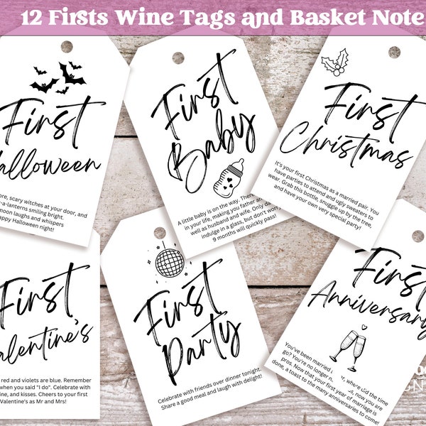 Black and White Marriage Milestone Wine Tags - Set of 12 | Basket Note | Year of Firsts | Unique Wedding Present | Instant Digital Download