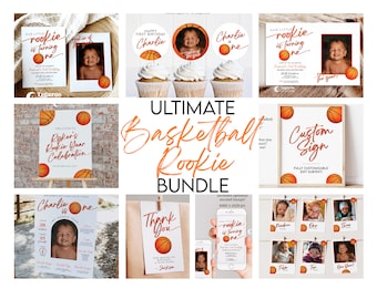 May include: A printable set of basketball-themed party decorations for a first birthday. The set includes a welcome sign, a custom sign, a thank you card, a photo card, a cupcake topper, and an invitation. The decorations feature a basketball design with orange and brown colors.